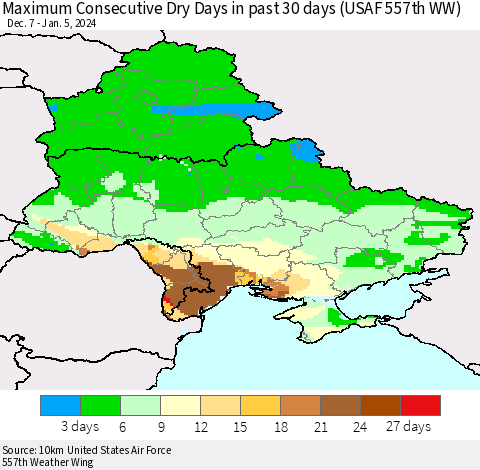 Ukraine, Moldova and Belarus Maximum Consecutive Dry Days in past 30 days (USAF 557th WW) 01/05/2024 Thematic Map For 1/1/2024 - 1/5/2024