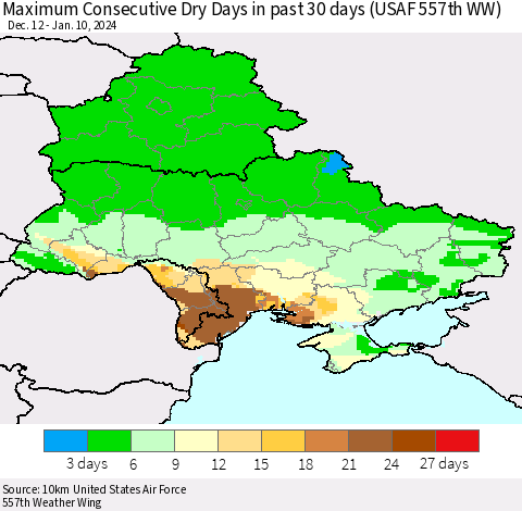 Ukraine, Moldova and Belarus Maximum Consecutive Dry Days in past 30 days (USAF 557th WW) 01/10/2024 Thematic Map For 1/6/2024 - 1/10/2024