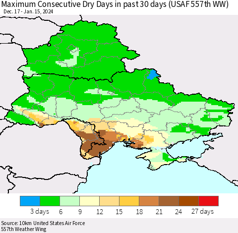 Ukraine, Moldova and Belarus Maximum Consecutive Dry Days in past 30 days (USAF 557th WW) 01/15/2024 Thematic Map For 1/11/2024 - 1/15/2024
