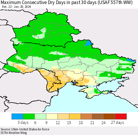 Ukraine, Moldova and Belarus Maximum Consecutive Dry Days in past 30 days (USAF 557th WW) 01/20/2024 Thematic Map For 1/16/2024 - 1/20/2024