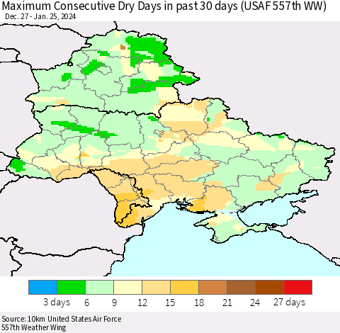 Ukraine, Moldova and Belarus Maximum Consecutive Dry Days in past 30 days (USAF 557th WW) 01/25/2024 Thematic Map For 1/21/2024 - 1/25/2024