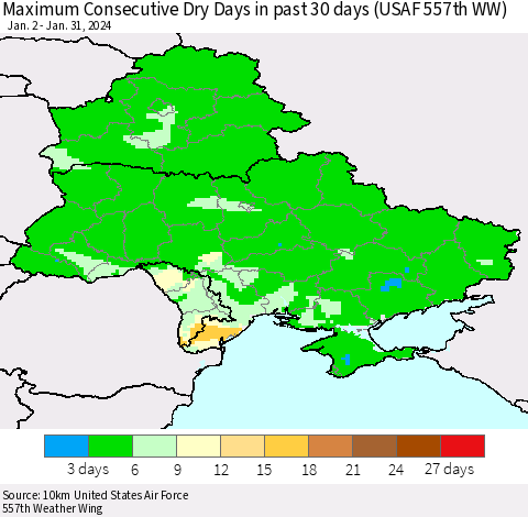 Ukraine, Moldova and Belarus Maximum Consecutive Dry Days in past 30 days (USAF 557th WW) 01/31/2024 Thematic Map For 1/26/2024 - 1/31/2024