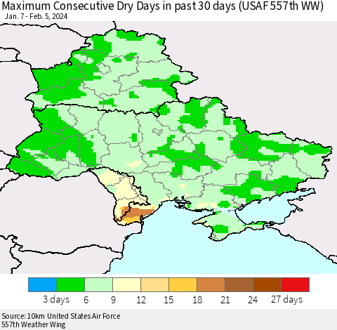 Ukraine, Moldova and Belarus Maximum Consecutive Dry Days in past 30 days (USAF 557th WW) 02/05/2024 Thematic Map For 2/1/2024 - 2/5/2024