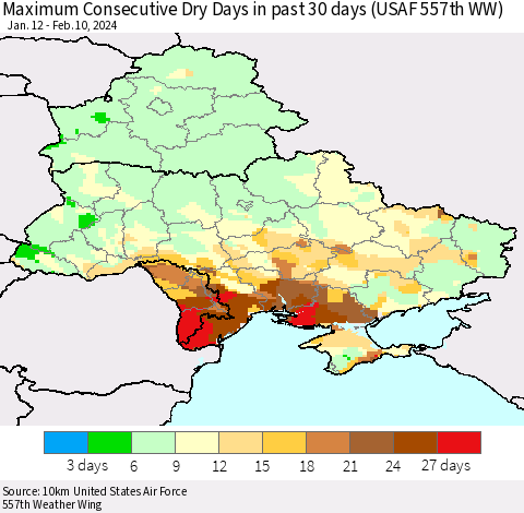 Ukraine, Moldova and Belarus Maximum Consecutive Dry Days in past 30 days (USAF 557th WW) 02/10/2024 Thematic Map For 2/6/2024 - 2/10/2024