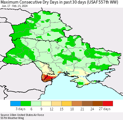 Ukraine, Moldova and Belarus Maximum Consecutive Dry Days in past 30 days (USAF 557th WW) 02/15/2024 Thematic Map For 2/11/2024 - 2/15/2024