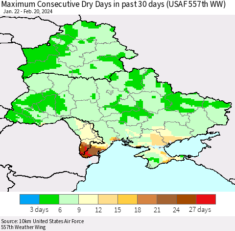 Ukraine, Moldova and Belarus Maximum Consecutive Dry Days in past 30 days (USAF 557th WW) 02/20/2024 Thematic Map For 2/16/2024 - 2/20/2024