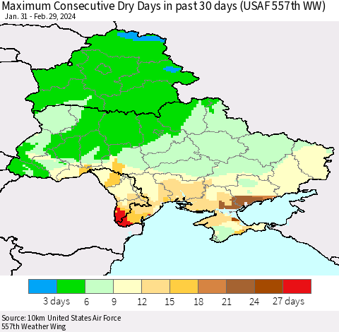 Ukraine, Moldova and Belarus Maximum Consecutive Dry Days in past 30 days (USAF 557th WW) 02/29/2024 Thematic Map For 2/26/2024 - 2/29/2024