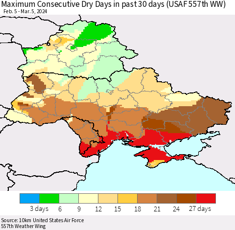 Ukraine, Moldova and Belarus Maximum Consecutive Dry Days in past 30 days (USAF 557th WW) 03/05/2024 Thematic Map For 3/1/2024 - 3/5/2024