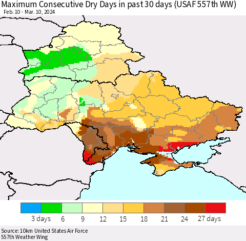 Ukraine, Moldova and Belarus Maximum Consecutive Dry Days in past 30 days (USAF 557th WW) 03/10/2024 Thematic Map For 3/6/2024 - 3/10/2024