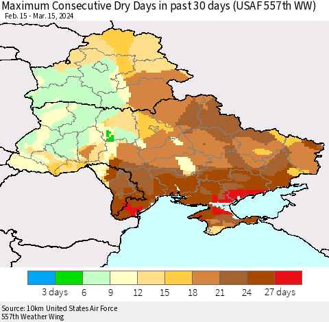 Ukraine, Moldova and Belarus Maximum Consecutive Dry Days in past 30 days (USAF 557th WW) 03/15/2024 Thematic Map For 3/11/2024 - 3/15/2024