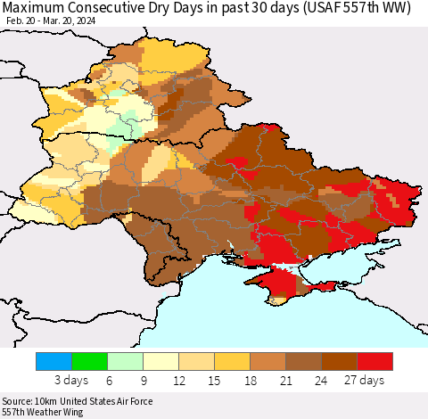 Ukraine, Moldova and Belarus Maximum Consecutive Dry Days in past 30 days (USAF 557th WW) 03/20/2024 Thematic Map For 3/16/2024 - 3/20/2024