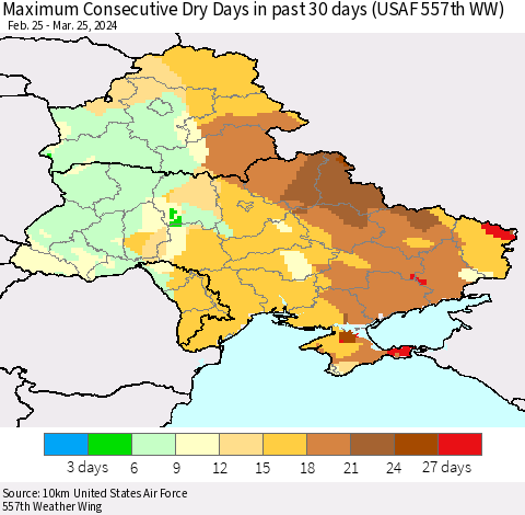 Ukraine, Moldova and Belarus Maximum Consecutive Dry Days in past 30 days (USAF 557th WW) 03/25/2024 Thematic Map For 3/21/2024 - 3/25/2024