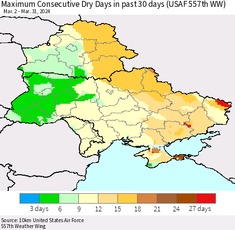 Ukraine, Moldova and Belarus Maximum Consecutive Dry Days in past 30 days (USAF 557th WW) 03/31/2024 Thematic Map For 3/26/2024 - 3/31/2024