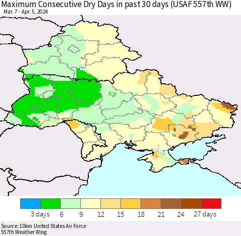 Ukraine, Moldova and Belarus Maximum Consecutive Dry Days in past 30 days (USAF 557th WW) 04/05/2024 Thematic Map For 4/1/2024 - 4/5/2024