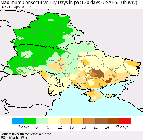 Ukraine, Moldova and Belarus Maximum Consecutive Dry Days in past 30 days (USAF 557th WW) 04/10/2024 Thematic Map For 4/6/2024 - 4/10/2024