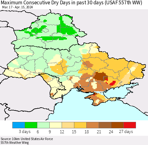 Ukraine, Moldova and Belarus Maximum Consecutive Dry Days in past 30 days (USAF 557th WW) 04/15/2024 Thematic Map For 4/11/2024 - 4/15/2024