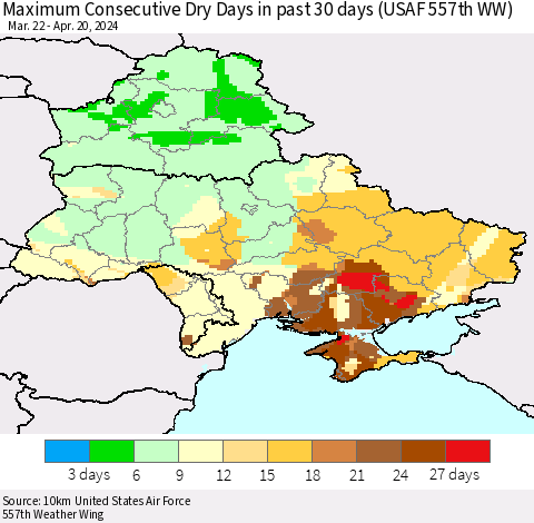 Ukraine, Moldova and Belarus Maximum Consecutive Dry Days in past 30 days (USAF 557th WW) 04/20/2024 Thematic Map For 4/16/2024 - 4/20/2024