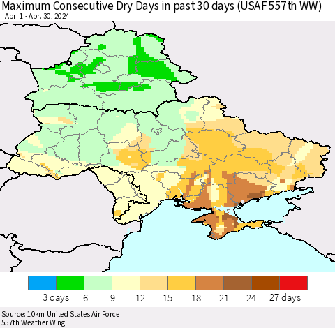 Ukraine, Moldova and Belarus Maximum Consecutive Dry Days in past 30 days (USAF 557th WW) 04/30/2024 Thematic Map For 4/26/2024 - 4/30/2024
