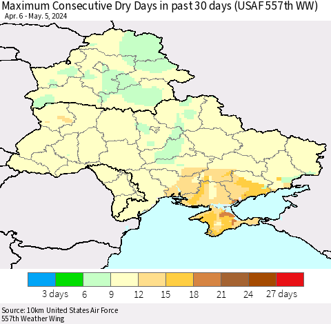 Ukraine, Moldova and Belarus Maximum Consecutive Dry Days in past 30 days (USAF 557th WW) 05/05/2024 Thematic Map For 5/1/2024 - 5/5/2024
