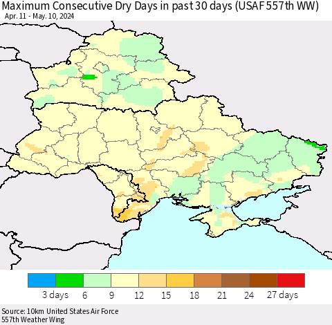 Ukraine, Moldova and Belarus Maximum Consecutive Dry Days in past 30 days (USAF 557th WW) 05/10/2024 Thematic Map For 5/6/2024 - 5/10/2024