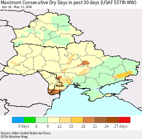 Ukraine, Moldova and Belarus Maximum Consecutive Dry Days in past 30 days (USAF 557th WW) 05/15/2024 Thematic Map For 5/11/2024 - 5/15/2024