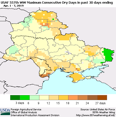 Ukraine, Moldova and Belarus Maximum Consecutive Dry Days in past 30 days (USAF 557th WW) 04/07/2019 Thematic Map For 4/1/2019 - 4/7/2019