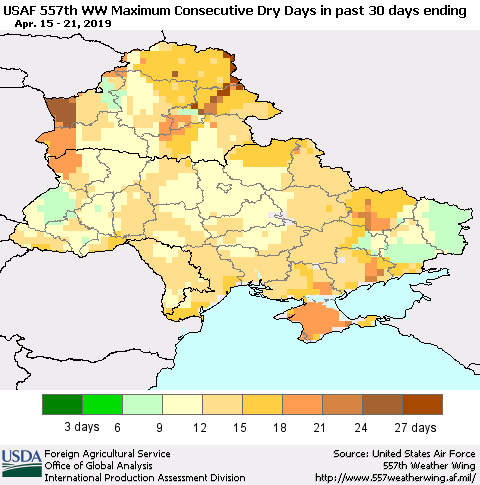 Ukraine, Moldova and Belarus Maximum Consecutive Dry Days in past 30 days (USAF 557th WW) 04/21/2019 Thematic Map For 4/15/2019 - 4/21/2019