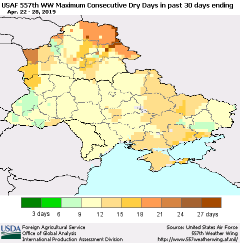 Ukraine, Moldova and Belarus Maximum Consecutive Dry Days in past 30 days (USAF 557th WW) 04/28/2019 Thematic Map For 4/22/2019 - 4/28/2019
