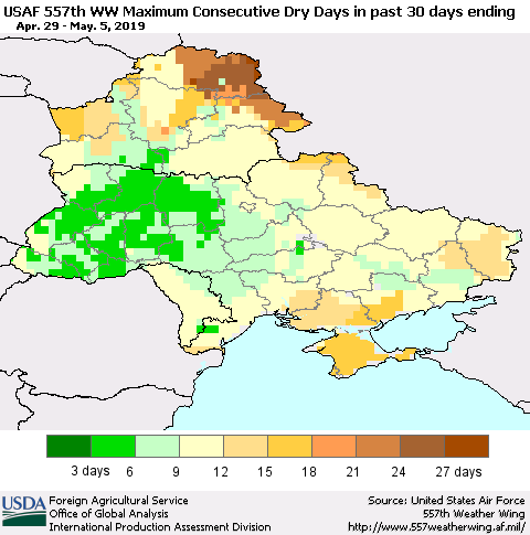 Ukraine, Moldova and Belarus Maximum Consecutive Dry Days in past 30 days (USAF 557th WW) 05/05/2019 Thematic Map For 4/29/2019 - 5/5/2019