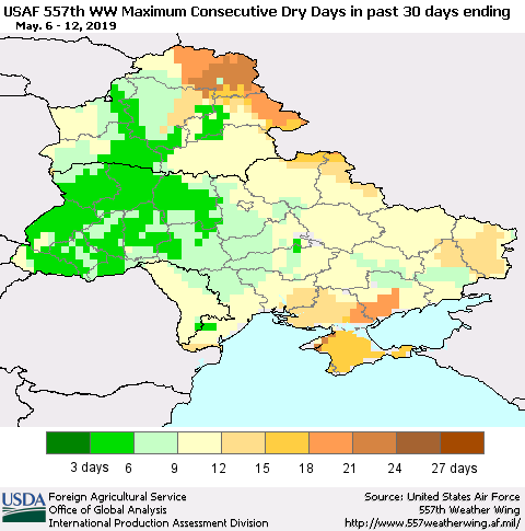 Ukraine, Moldova and Belarus Maximum Consecutive Dry Days in past 30 days (USAF 557th WW) 05/12/2019 Thematic Map For 5/6/2019 - 5/12/2019