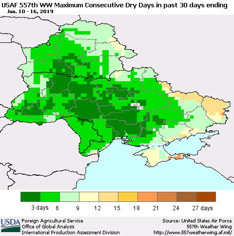 Ukraine, Moldova and Belarus Maximum Consecutive Dry Days in past 30 days (USAF 557th WW) 06/16/2019 Thematic Map For 6/10/2019 - 6/16/2019