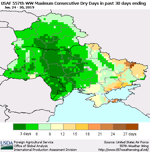 Ukraine, Moldova and Belarus Maximum Consecutive Dry Days in past 30 days (USAF 557th WW) 06/30/2019 Thematic Map For 6/24/2019 - 6/30/2019