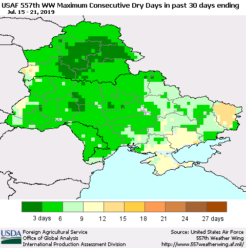 Ukraine, Moldova and Belarus Maximum Consecutive Dry Days in past 30 days (USAF 557th WW) 07/21/2019 Thematic Map For 7/15/2019 - 7/21/2019
