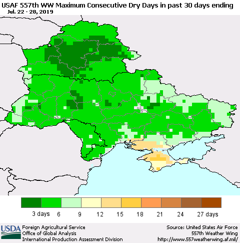 Ukraine, Moldova and Belarus Maximum Consecutive Dry Days in past 30 days (USAF 557th WW) 07/28/2019 Thematic Map For 7/22/2019 - 7/28/2019