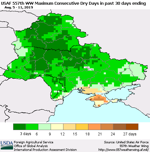 Ukraine, Moldova and Belarus Maximum Consecutive Dry Days in past 30 days (USAF 557th WW) 08/11/2019 Thematic Map For 8/5/2019 - 8/11/2019