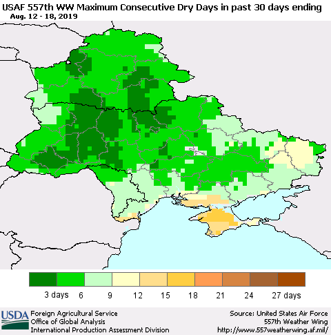 Ukraine, Moldova and Belarus Maximum Consecutive Dry Days in past 30 days (USAF 557th WW) 08/18/2019 Thematic Map For 8/12/2019 - 8/18/2019