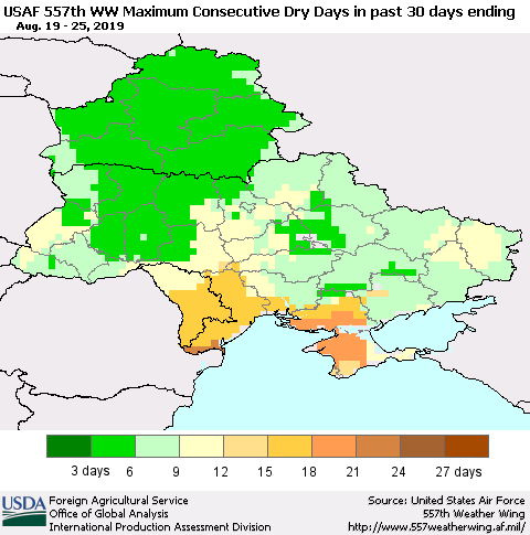 Ukraine, Moldova and Belarus Maximum Consecutive Dry Days in past 30 days (USAF 557th WW) 08/25/2019 Thematic Map For 8/19/2019 - 8/25/2019
