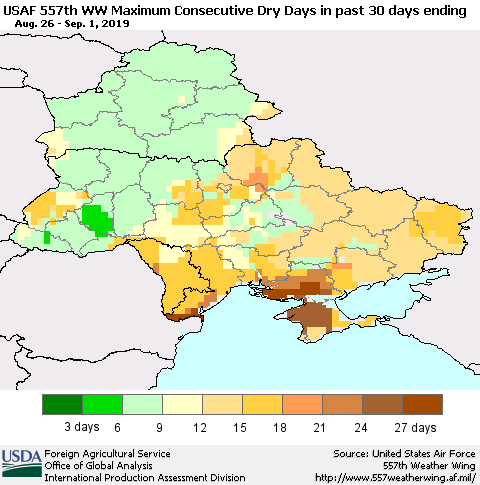 Ukraine, Moldova and Belarus Maximum Consecutive Dry Days in past 30 days (USAF 557th WW) 09/01/2019 Thematic Map For 8/26/2019 - 9/1/2019