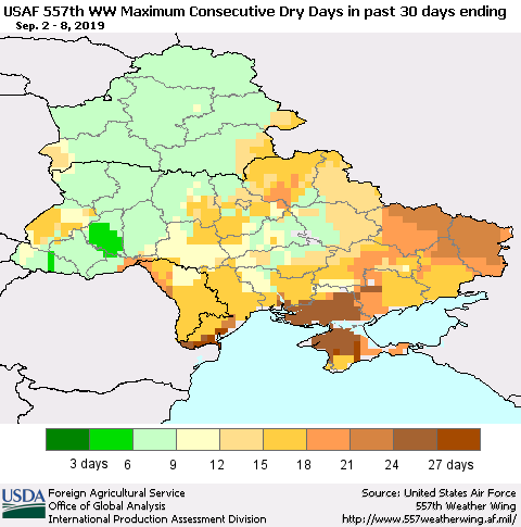 Ukraine, Moldova and Belarus Maximum Consecutive Dry Days in past 30 days (USAF 557th WW) 09/08/2019 Thematic Map For 9/2/2019 - 9/8/2019