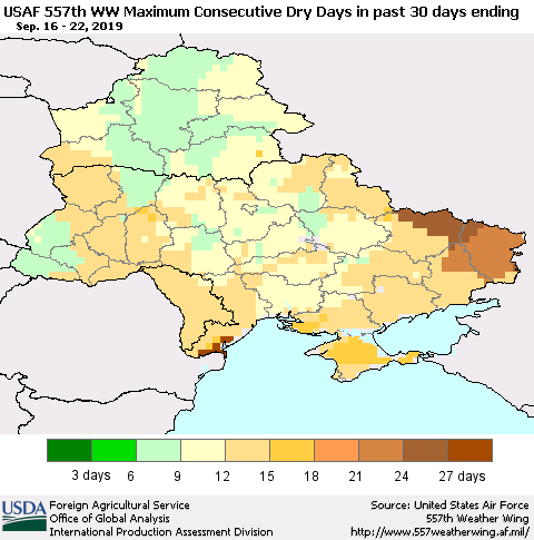 Ukraine, Moldova and Belarus Maximum Consecutive Dry Days in past 30 days (USAF 557th WW) 09/22/2019 Thematic Map For 9/16/2019 - 9/22/2019