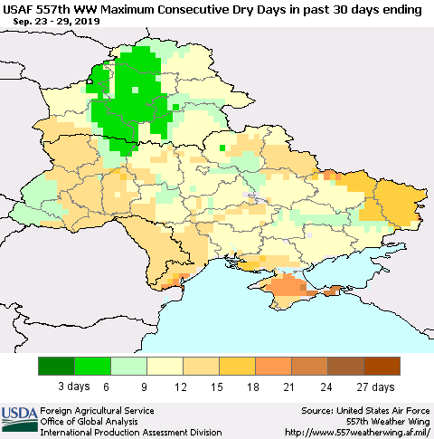 Ukraine, Moldova and Belarus Maximum Consecutive Dry Days in past 30 days (USAF 557th WW) 09/29/2019 Thematic Map For 9/23/2019 - 9/29/2019