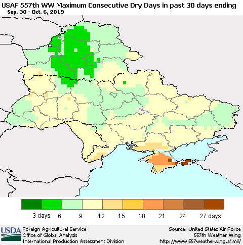 Ukraine, Moldova and Belarus Maximum Consecutive Dry Days in past 30 days (USAF 557th WW) 10/06/2019 Thematic Map For 9/30/2019 - 10/6/2019