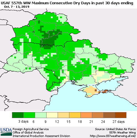 Ukraine, Moldova and Belarus Maximum Consecutive Dry Days in past 30 days (USAF 557th WW) 10/13/2019 Thematic Map For 10/7/2019 - 10/13/2019