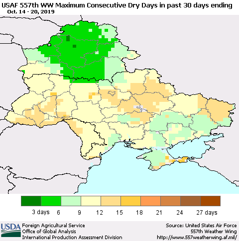 Ukraine, Moldova and Belarus Maximum Consecutive Dry Days in past 30 days (USAF 557th WW) 10/20/2019 Thematic Map For 10/14/2019 - 10/20/2019