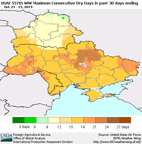 Ukraine, Moldova and Belarus Maximum Consecutive Dry Days in past 30 days (USAF 557th WW) 10/27/2019 Thematic Map For 10/21/2019 - 10/27/2019