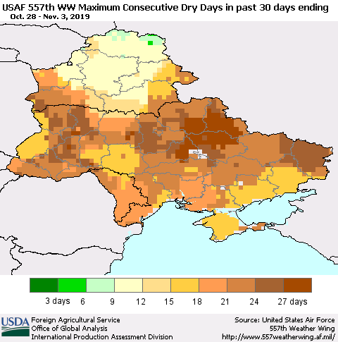 Ukraine, Moldova and Belarus Maximum Consecutive Dry Days in past 30 days (USAF 557th WW) 11/03/2019 Thematic Map For 10/28/2019 - 11/3/2019