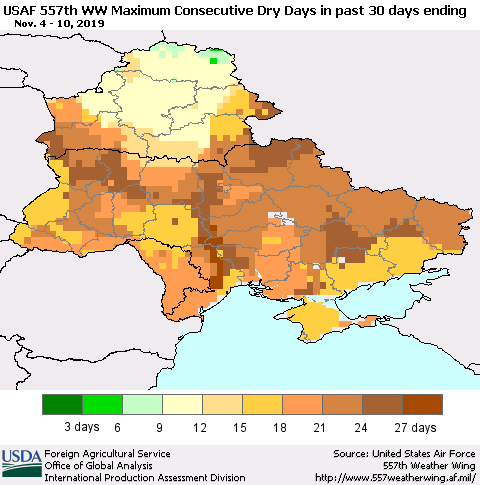Ukraine, Moldova and Belarus Maximum Consecutive Dry Days in past 30 days (USAF 557th WW) 11/10/2019 Thematic Map For 11/4/2019 - 11/10/2019