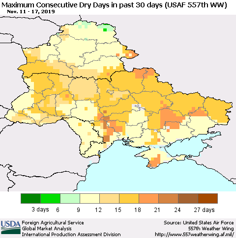Ukraine, Moldova and Belarus Maximum Consecutive Dry Days in past 30 days (USAF 557th WW) 11/17/2019 Thematic Map For 11/11/2019 - 11/17/2019