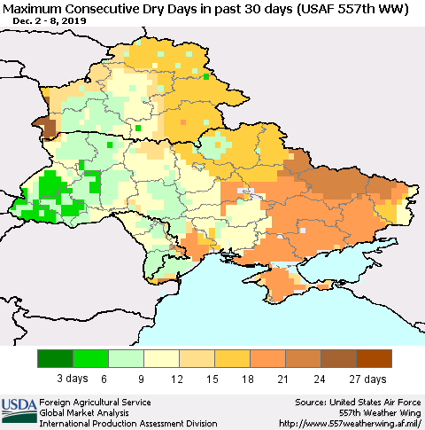 Ukraine, Moldova and Belarus Maximum Consecutive Dry Days in past 30 days (USAF 557th WW) 12/08/2019 Thematic Map For 12/2/2019 - 12/8/2019