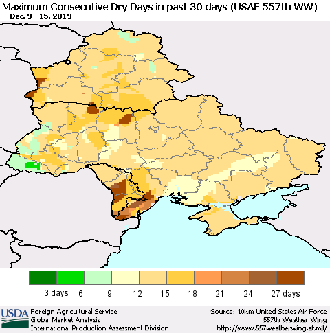 Ukraine, Moldova and Belarus Maximum Consecutive Dry Days in past 30 days (USAF 557th WW) 12/15/2019 Thematic Map For 12/9/2019 - 12/15/2019